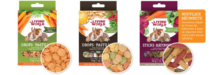 Living World Drops: Small animal treats group two: New sticks! Delicious stick-shaped veggie treats your pet will love