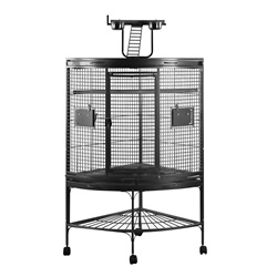 Cage HARI de coin à toit avec aire de jeu pour perroquets, noir et gris argenté antique, L. 94 x l. 66 x H. 159 cm (37 x 26 x 62,5 po)
